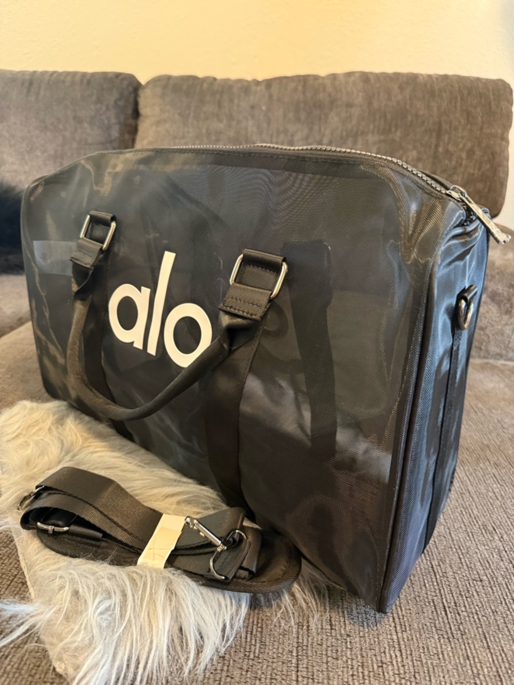 ALO Yoga Black Mesh Duffle Bag with White Logo
NOT FOR SALE - Picture 2 of 7